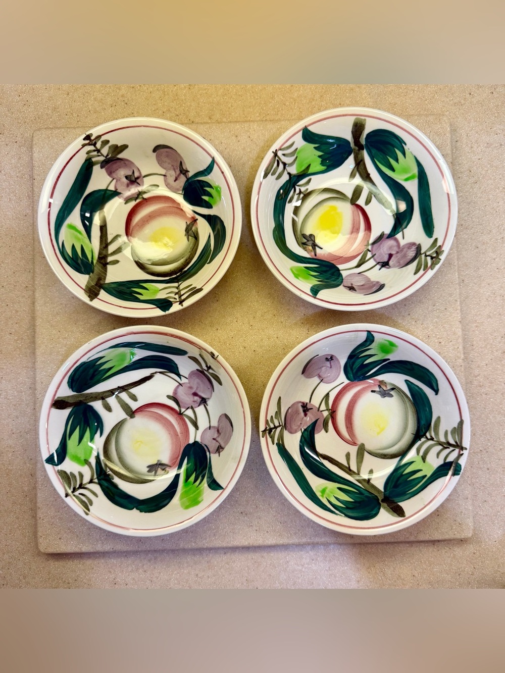 Hand-Painted Tropical Fruit Iron Stone Side Bowls set-4 Green Red Purple Yellow